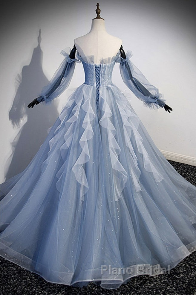 Sweet And Elegant Sky Blue Beaded Sequins Off The Shoulder Long Sleeved Ball Dresses Sky Blue A-Line/Princess Strapless Backless Strap And Ground Length Formal Prom Dresses Secondary image