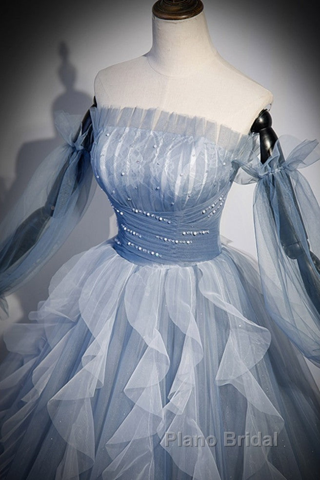 Sweet And Elegant Sky Blue Beaded Sequins Off The Shoulder Long Sleeved Ball Dresses Sky Blue A-Line/Princess Strapless Backless Strap And Ground Length Formal Prom Dresses