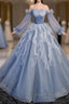 Sweet And Elegant Sky Blue Beaded Sequins Off The Shoulder Long Sleeved Ball Dresses Sky Blue A-Line/Princess Strapless Backless Strap And Ground Length Formal Prom Dresses