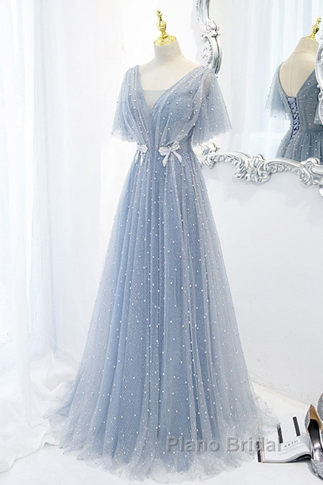 Sweet And Elegant Sky Blue Beaded Short Sleeved Sheer Ball Dresses With Sky Blue A-Shaped Backless Strap And Ground Length Formal Prom Dresses