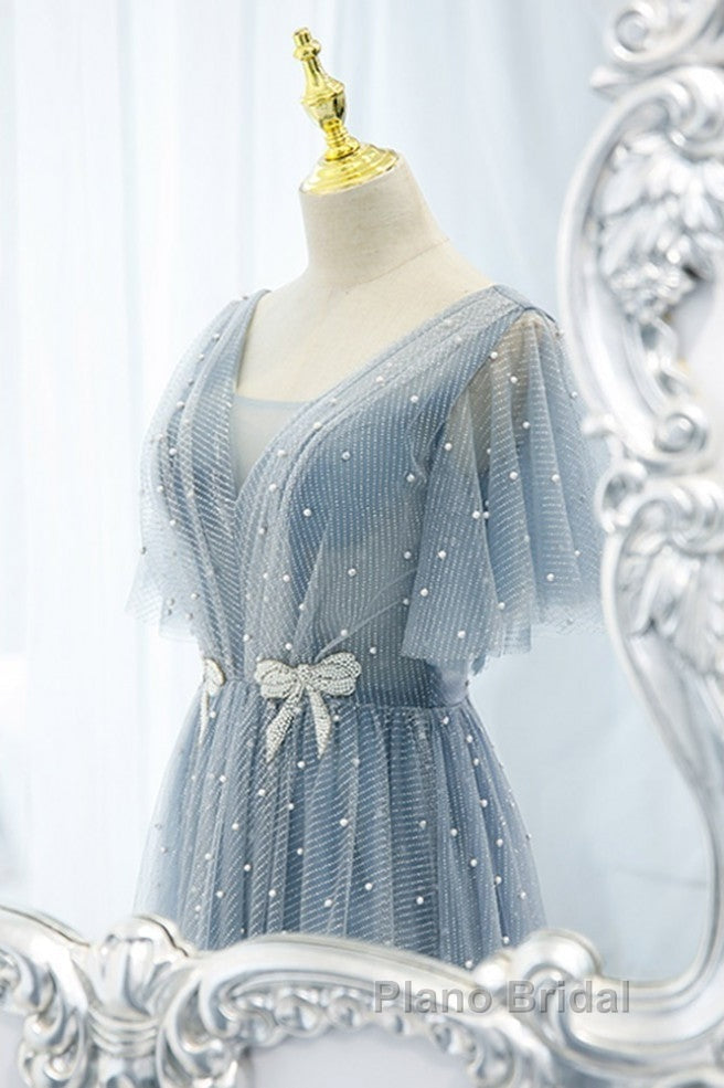 Sweet And Elegant Sky Blue Beaded Short Sleeved Sheer Ball Dresses With Sky Blue A-Shaped Backless Strap And Ground Length Formal Prom Dresses