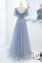 Sweet And Elegant Sky Blue Beaded Short Sleeved Sheer Ball Dresses With Sky Blue A-Shaped Backless Strap And Ground Length Formal Prom Dresses
