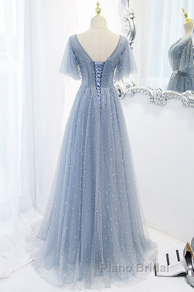 Sweet And Elegant Sky Blue Beaded Short Sleeved Sheer Ball Dresses With Sky Blue A-Shaped Backless Strap And Ground Length Formal Prom Dresses