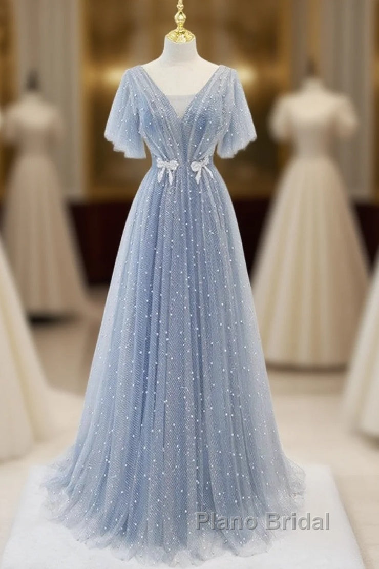 Sweet And Elegant Sky Blue Beaded Short Sleeved Sheer Ball Dresses With Sky Blue A-Shaped Backless Strap And Ground Length Formal Prom Dresses Main image