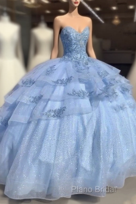Sweet Blue Tulle Beaded Formal Prom Dresses Ball Gown Quinceanera Dresses Main image