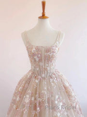 Sweet Light Champagne A-Line Tulle Sequin Applique Long Formal Prom Dresses Formal Prom Dresses Birthday Dresses