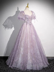 Sweet Lilac A-Line Sweetheart Tulle Beaded Long Formal Prom Dresses Puffy Sleeves Graduation Dresses