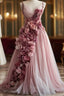 Sweet Pink A-Line Sweetheart Neck Tulle Long Formal Prom Dresses 3D Applique Wedding Dresses