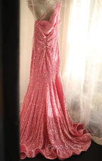 Sweet Pink Mermaid One Shoulder Sequined Pleated Long Formal Prom Dresses Backless Evening Dresses