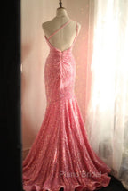 Sweet Pink Mermaid One Shoulder Sequined Pleated Long Formal Prom Dresses Backless Evening Dresses