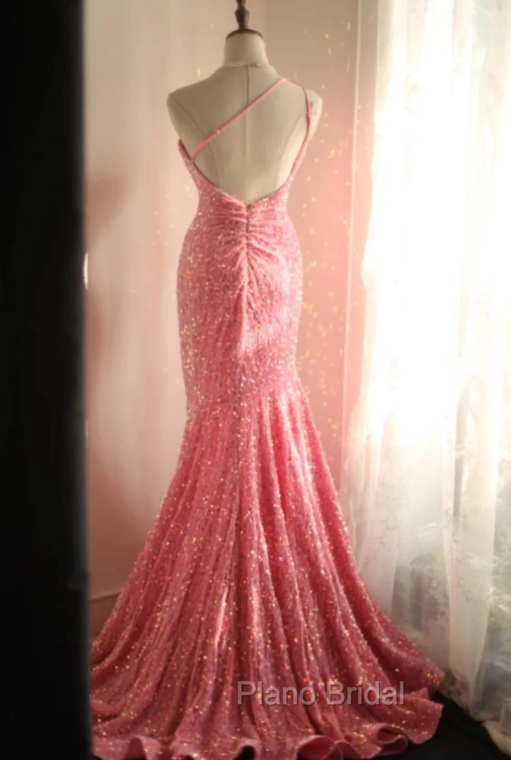 Sweet Pink Mermaid One Shoulder Sequined Pleated Long Formal Prom Dresses Backless Evening Dresses
