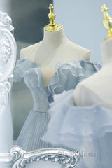 Sweet Sky Blue Sparkling Pleated Short Sleeved Off Shoulder Ball Dresses Sky Blue A-Line Princess Backless Tie With Ruffle Edge And Floor Length Evening Dresses