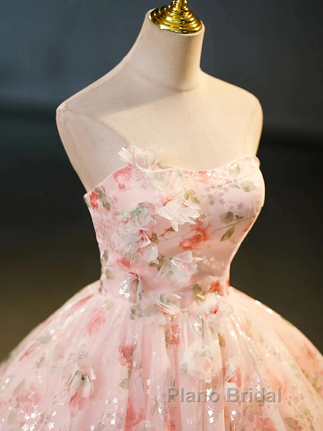 Sweet Strapless Tulle Flower Pink Print Formal Prom Dresses Secondary image