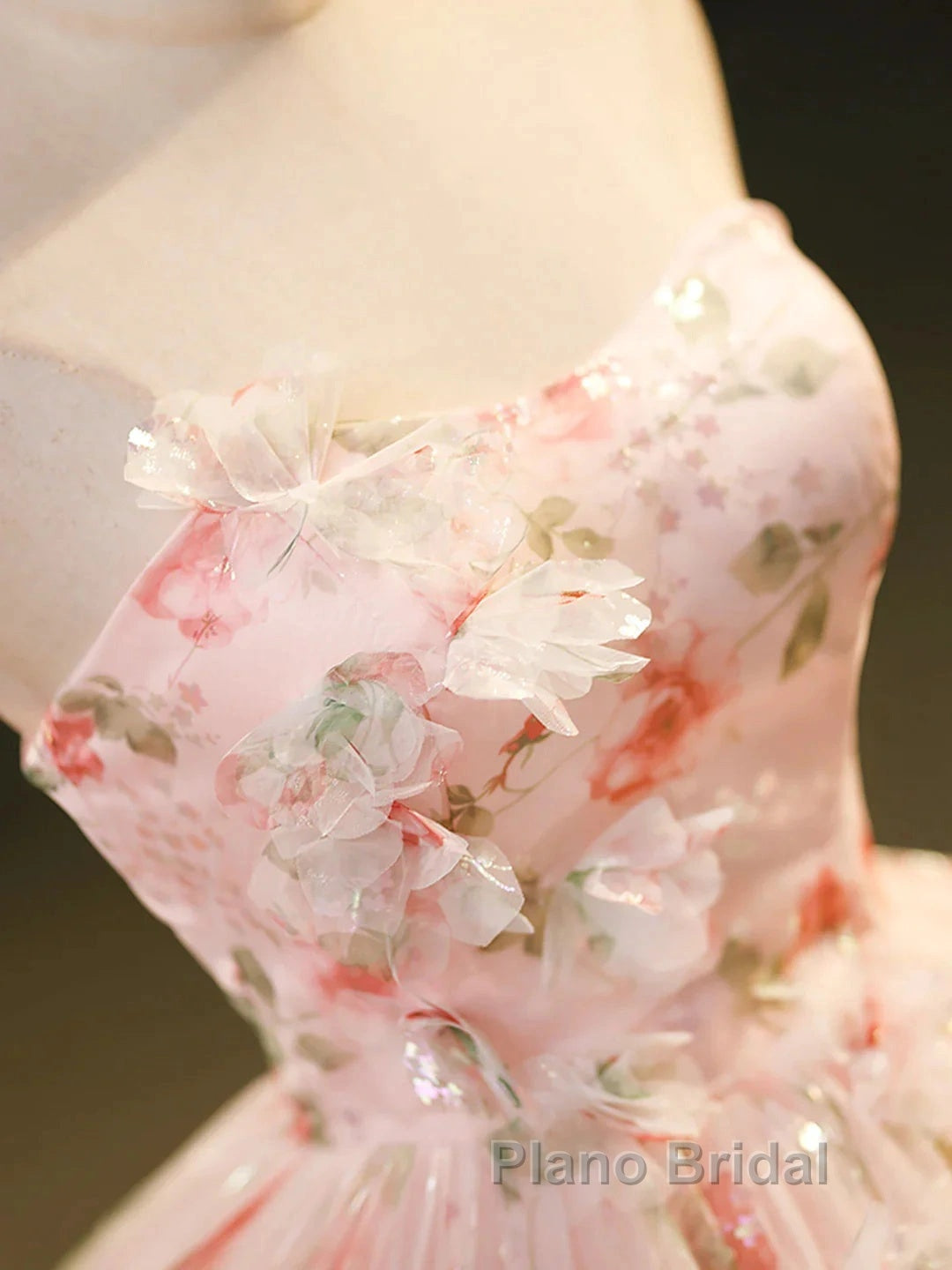 Sweet Strapless Tulle Flower Pink Print Formal Prom Dresses