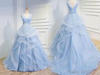 Sweetheart Baby Blue Organza V Neck Ruffles Appliques Prom Dresses