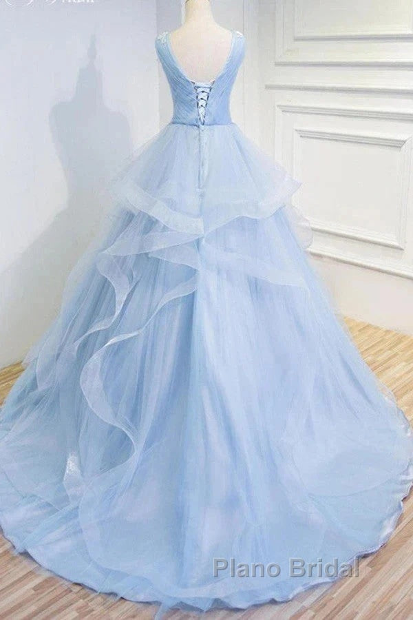 Sweetheart Blue Organza Ballgown V Neck Ruffles Appliques Formal Prom Dresses Beautiful Secondary image