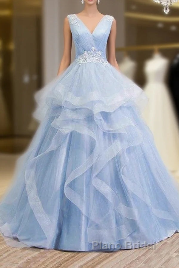 Sweetheart Blue Organza Ballgown V Neck Ruffles Appliques Formal Prom Dresses Beautiful Main image
