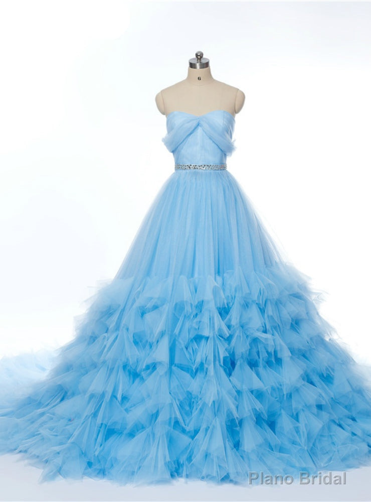 Sweetheart Blue Ruched Crystal Tulle Bridal Train Wedding Dress Main image