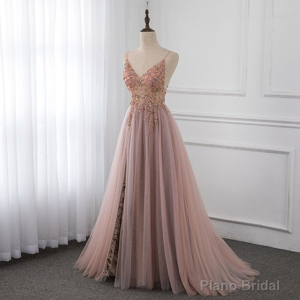 Sweetheart Crystal Prom Dresses Straps Spaghetti Tulle Evening Gown Split Side Secondary image
