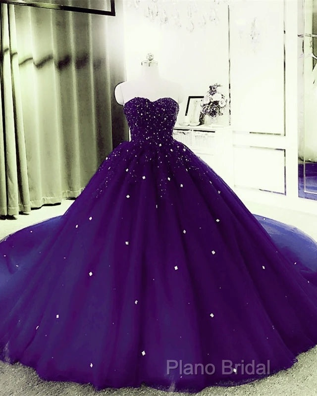 Sweetheart Crystals Formal Prom Dresses Ball Gown Beaded Purple Quinceanera Dresses Secondary image