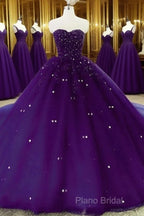 Sweetheart Crystals Formal Prom Dresses Ball Gown Beaded Purple Quinceanera Dresses