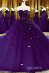 Sweetheart Crystals Formal Prom Dresses Ball Gown Beaded Purple Quinceanera Dresses