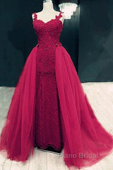 Sweetheart Mermaid Formal Prom Dresses Lace Beaded Removable Skirt