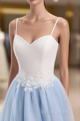 Sweetheart Neck Backless Blue And White Sweep Train Lace Formal Prom Dresses, Formal Dresses