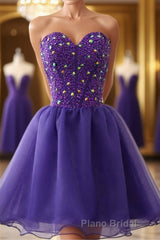Sweetheart Neck Beaded Dark Purple Short Formal Prom Dress, Strapless Dark Purple Homecoming Dress, Dark Purple Beaded Formal Evening Dress
