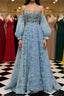 Sweetheart Neck Blue Lace Appliques Long Formal Prom Dress with Long Sleeves, Blue Lace Floral Formal Graduation Evening Dress