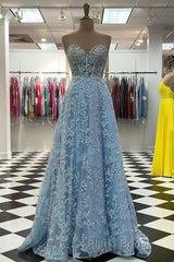 Sweetheart Neck Blue Lace Appliques Long Formal Prom Dress with Long Sleeves, Blue Lace Floral Formal Graduation Evening Dress