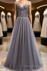 Sweetheart Neck Grey Sequins Tulle Long Formal Prom Dress, Grey Sequins Formal Evening Dress
