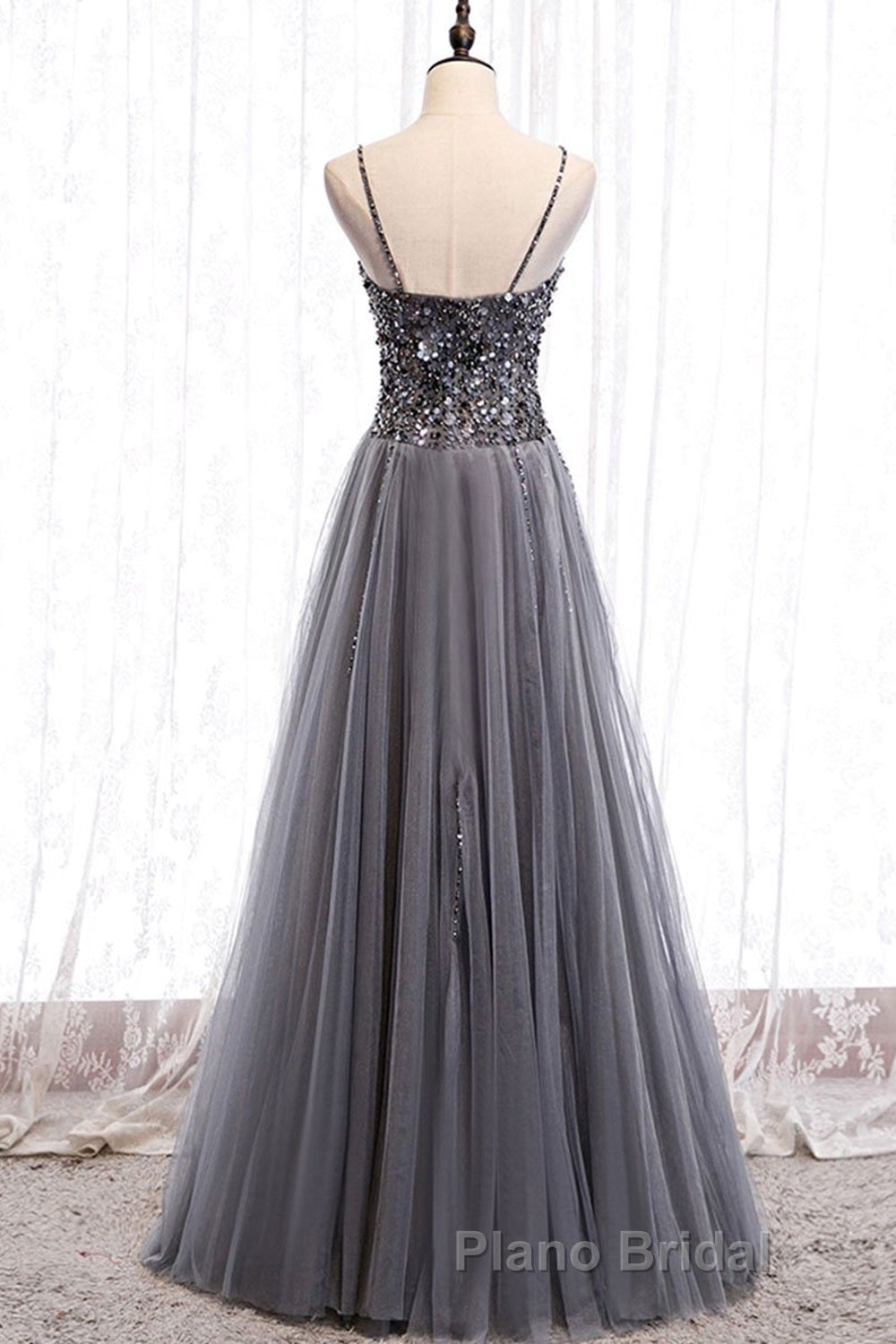 Sweetheart Neck Grey Sequins Tulle Long Formal Prom Dress, Grey Sequins Formal Evening Dress Secondary image
