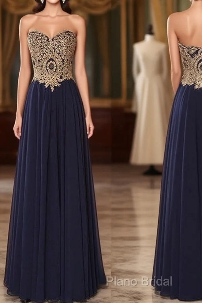 Sweetheart Neck Lace Dark Blue Long Formal Prom Dresses, Formal Dresses