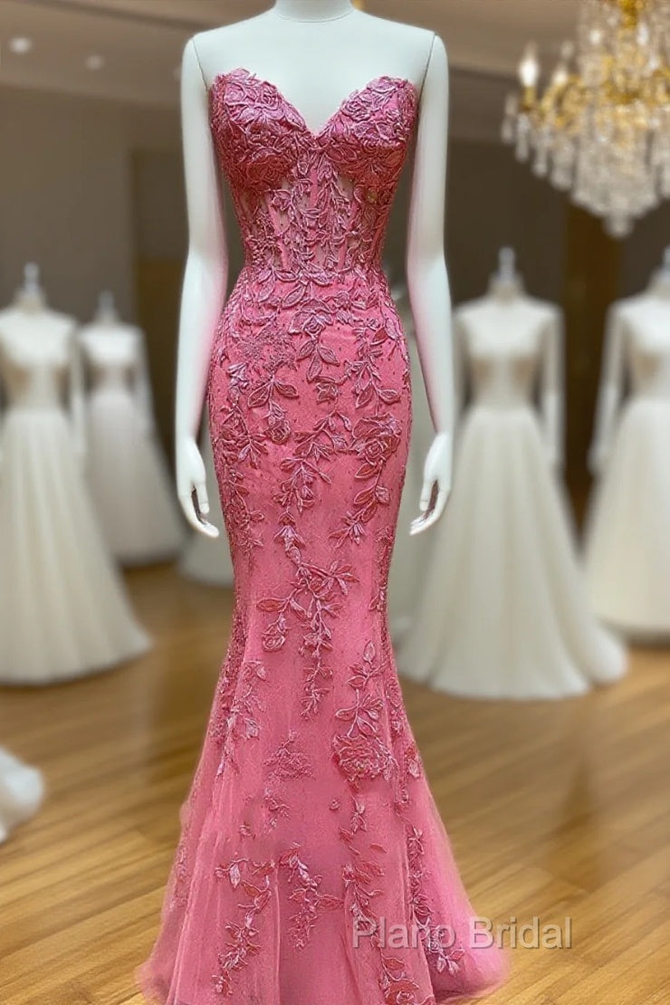 Sweetheart Neck Pink Mermaid Lace Formal Prom Dresses, Pink Mermaid Lace Formal Graduation Dresses Main image