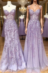 Sweetheart Neck Purple Lace Long Formal Prom Dress, Strapless Purple Formal Dress, Mermaid Purple Evening Dress