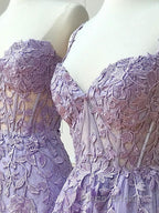 Sweetheart Neck Purple Lace Long Formal Prom Dress, Strapless Purple Formal Dress, Mermaid Purple Evening Dress