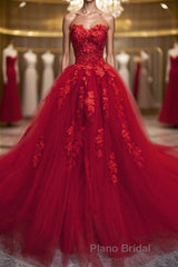 Sweetheart Neck Red Lace Floral Long Formal Prom Dresses, Red Lace Formal Evening Dresses, Red Ball Gown