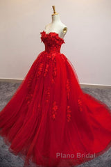 Sweetheart Neck Red Lace Floral Long Formal Prom Dresses, Red Lace Formal Evening Dresses, Red Ball Gown