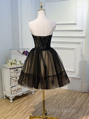 Sweetheart Neck Short Black Lace Formal Prom Dresses, Short Black Lace Graduation Homecoming Dresses