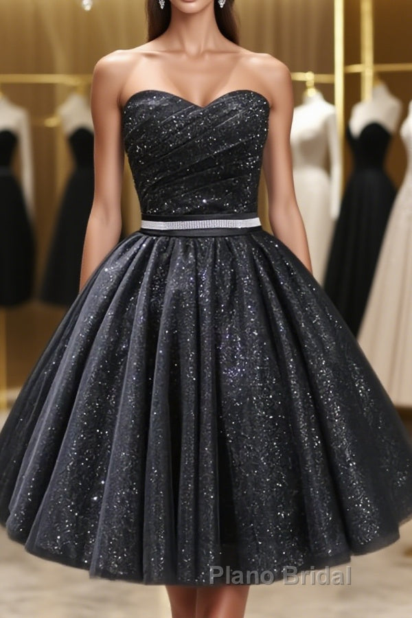Sweetheart Neck Short Black Formal Prom Dresses, Little Black Formal Evening Graduation Dresses Main image
