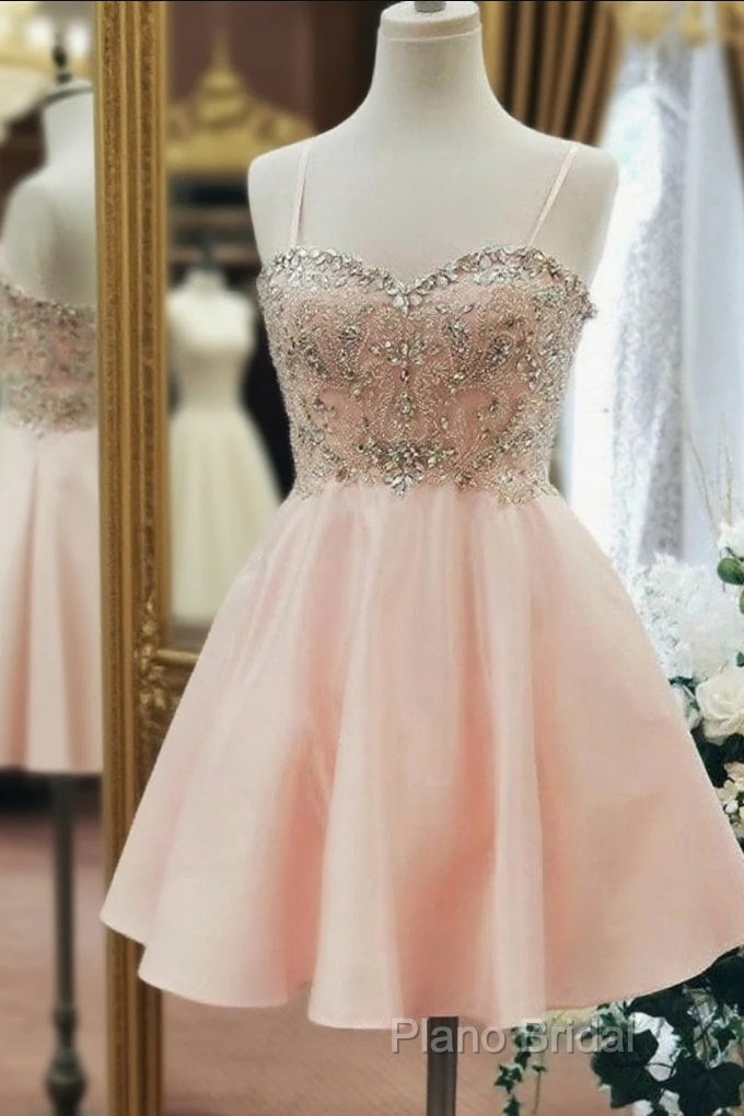 Sweetheart Neck Short Pink Formal Prom Dresses, Short Pink Beaded Homecoming Graduation Dresses Main image