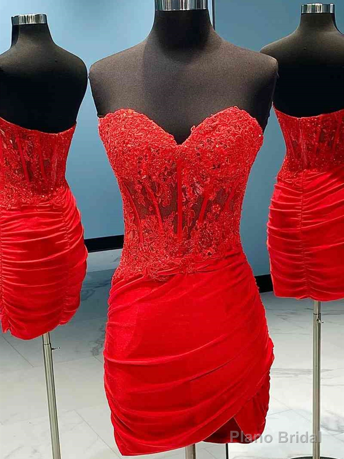 Sweetheart Neck Short Red Lace Prom Dresses, Short Red Lace Formal Homecoming Dresses Main image