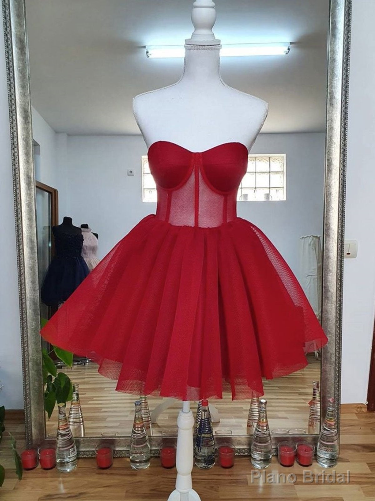 Sweetheart Neck Short Red Prom Dresses, Short Red Formal Graduation Homecoming Dresses Main image