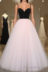 Sweetheart Neck Spaghetti Straps 2 Pieces Black Top Light Pink Long Formal Prom Dress, Light Pink Formal Dress, Evening Dress