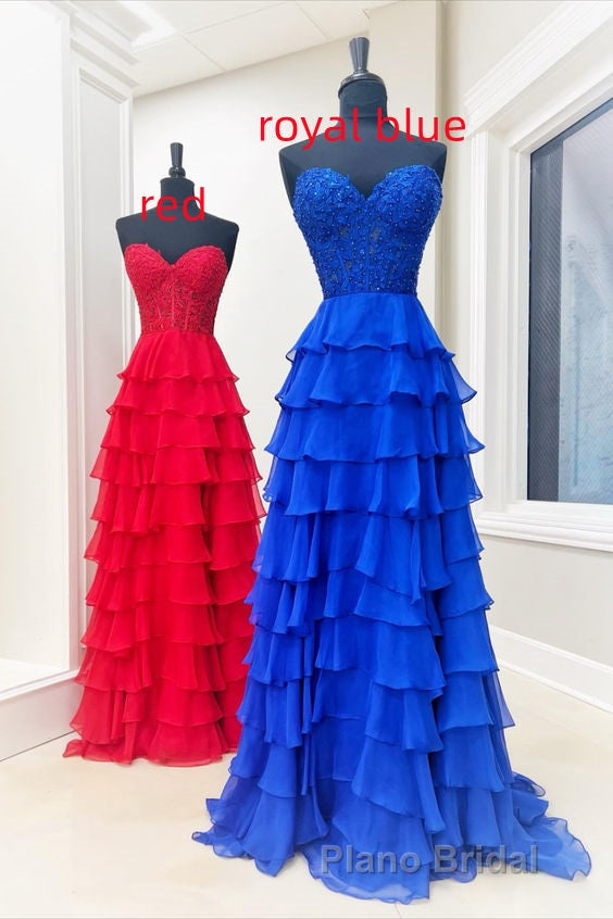 Sweetheart Red Corset Chiffon Ruffle Long Formal Prom Dresses