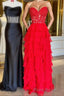 Sweetheart Red Corset Chiffon Ruffle Long Formal Prom Dresses