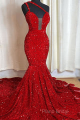 Sweetheart Sleeveless Sequins Red Mermaid Formal Prom Dresses