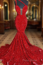 Sweetheart Sleeveless Sequins Red Mermaid Formal Prom Dresses