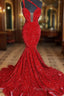 Sweetheart Sleeveless Sequins Red Mermaid Formal Prom Dresses